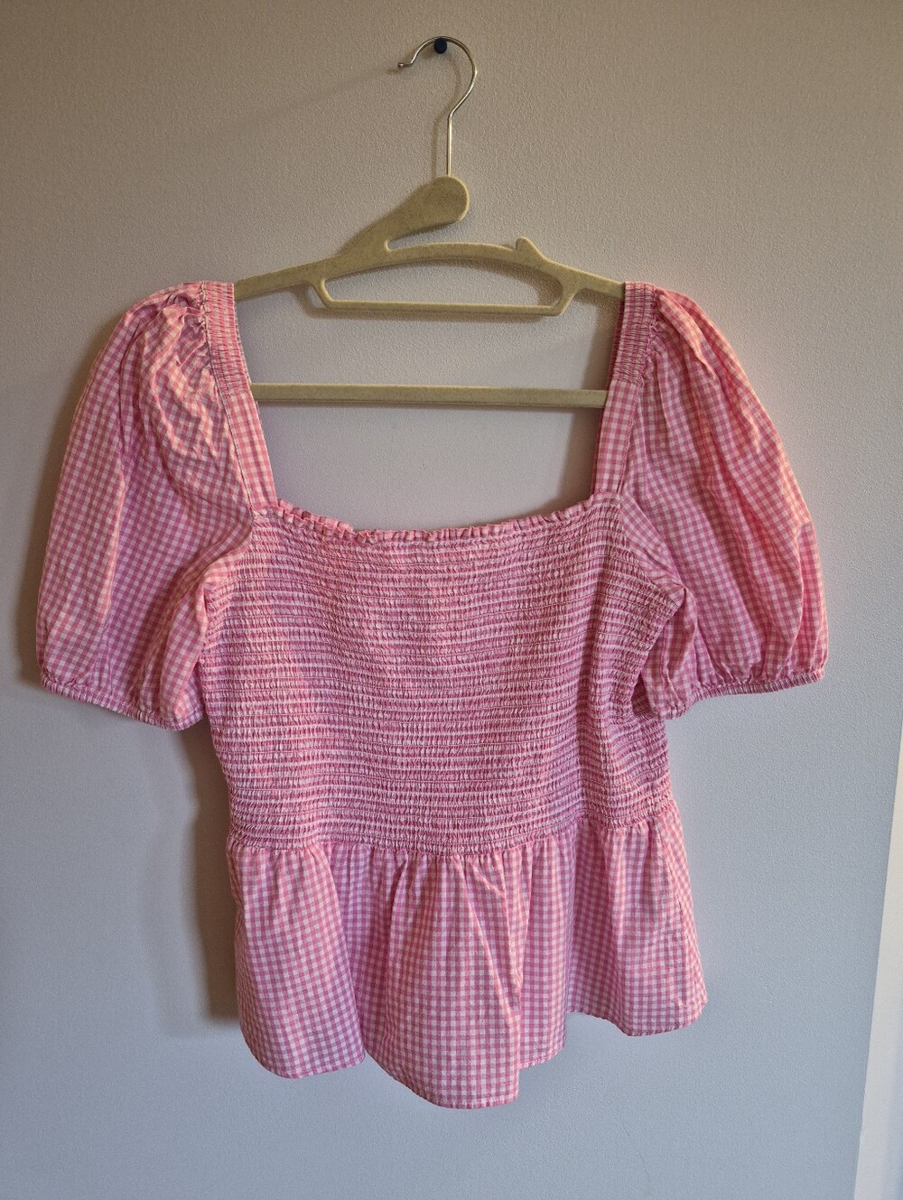 French Connection Bright Pink & White Gingham Smocked Peplum Top Puffy Sleeves